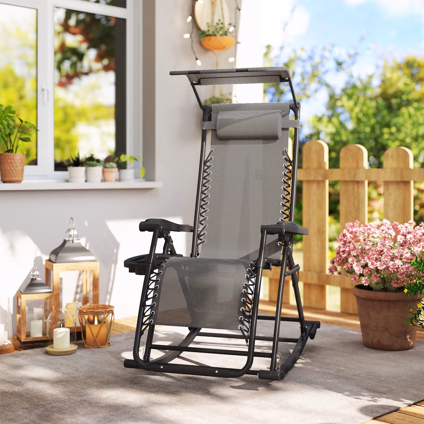 Outsunny Grey Garden Rocking Chair Folding Recliner with Adjustable Headrest and Side Holder – 8