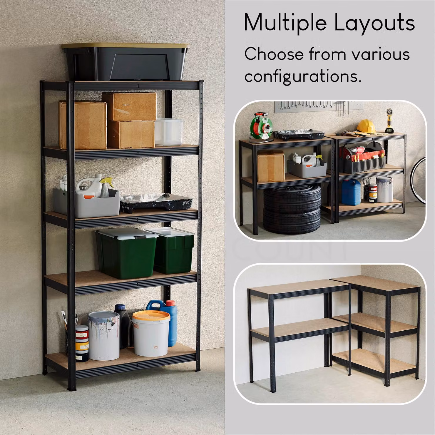 Home Discount Home Vida Set of 3 Heavy Duty 5 Tier Garage Shelves and Work Benches in Black, W: 150 cm, D: 70 cm, H: 150 cm – 4