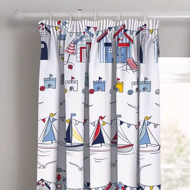 Velosso Nautical Seaside Blackout Pencil Pleat Curtains, Multicolour and White, W: 168 cm, H: 137 cm