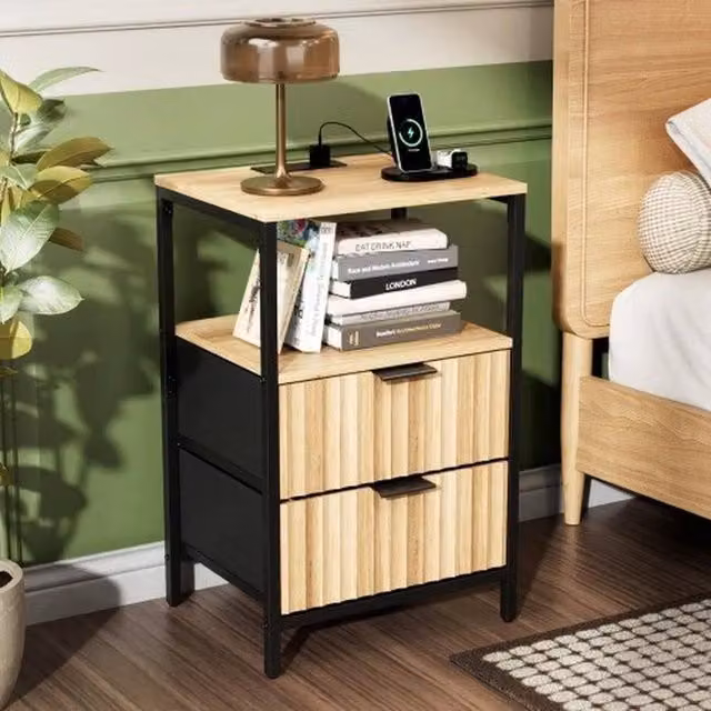 EONLION Minimalist Bedside Table with 2 Drawers in Natural Sand Wood Finish, Width: 100 cm – 1