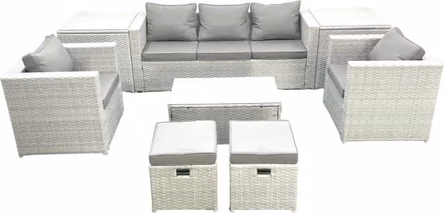 Fimous 7 Seater Rattan Garden Furniture Set in Light Grey with 3 Seater Sofa, 2 Armchairs, Coffee Table, 2 Ottomans and 2 Side Tables