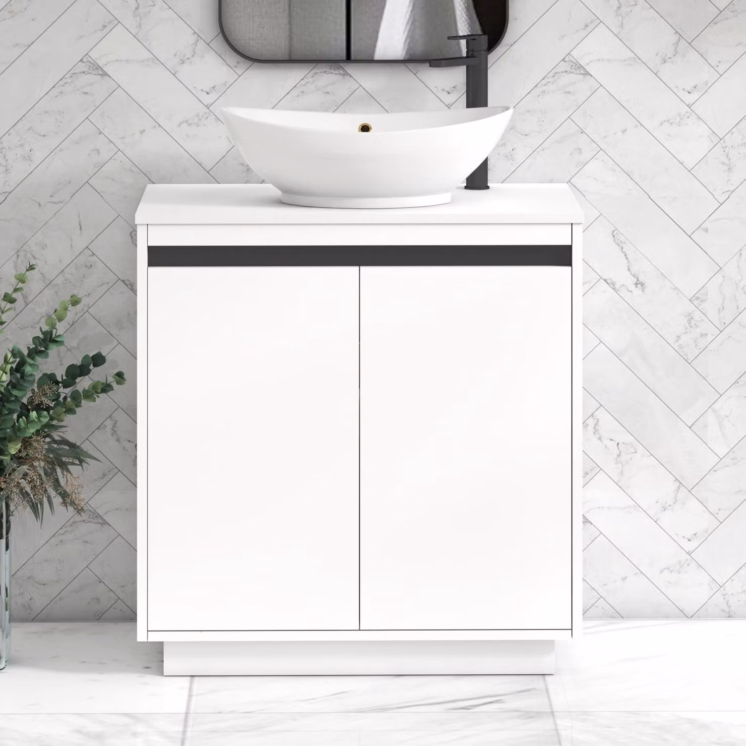 Royal Bathrooms Orion 800mm Matt White Floor Standing 2 Door Vanity Unit with Amaze Basin and Black Accent Trim