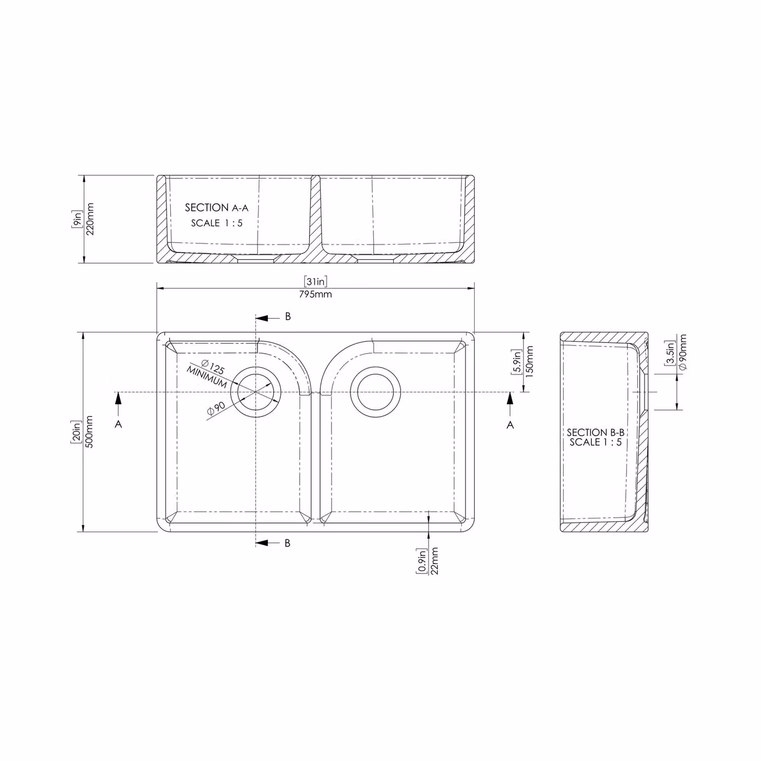Balterley Ceramic 2 Bowl Butler Kitchen Sink in Dark Grey W: 79.5 cm, D: 50 cm – 5