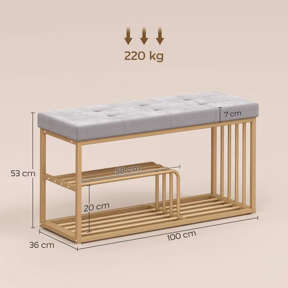 HOMCOM Grey Velvet Upholstered Tufted Shoe Rack Bench, W: 90 cm – 2