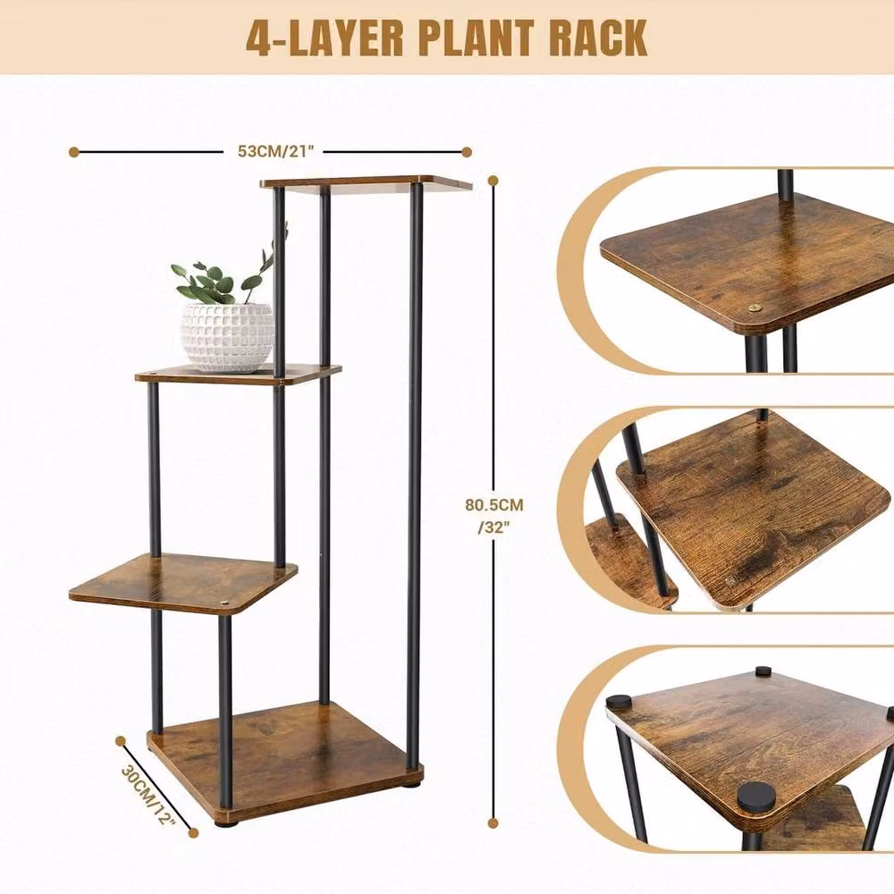 KORVIXA 4 Tier Industrial Metal and Wood Plant Stand Flower Pot Display Rack in Brown – 2