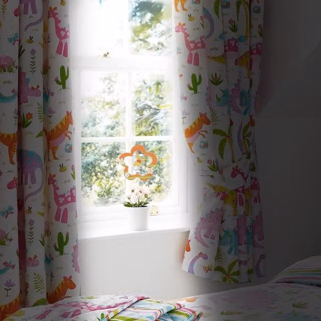 Happy Linen Company Daisy Dino Thermal Blackout Pencil Pleat Curtain Set, White and Multicolour, Width: 167 cm, Drop: 137 cm