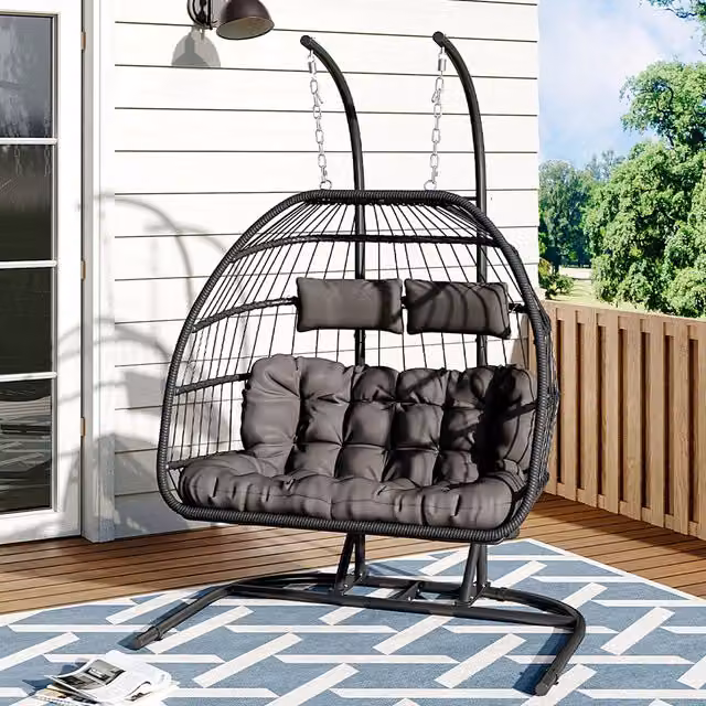 Breeins Modern Black Rattan Garden Soft Hanging Egg Chair for Adults, Diameter: 140 cm