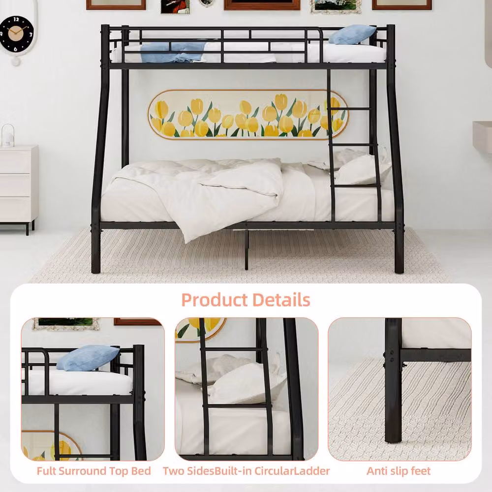 STILVORA Double Sleeper Bunk Bed with 3ft Single Top and 4ft6 Double Bottom, Black Metal – 6