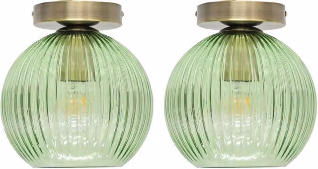 First Choice Lighting Betchley Set of 2 Green Ribbed Glass and Antique Brass Ceiling Lights
