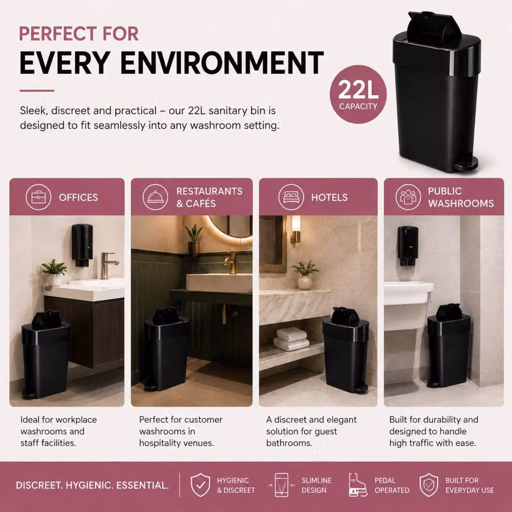 ProKleen 22L Black Sanitary Waste Bin with Foot Pedal, Pack of 3 – 5