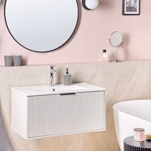 Wyld and Coco 80cm Wall Mounted White Wood Bathroom Vanity Unit with Ceramic Basin