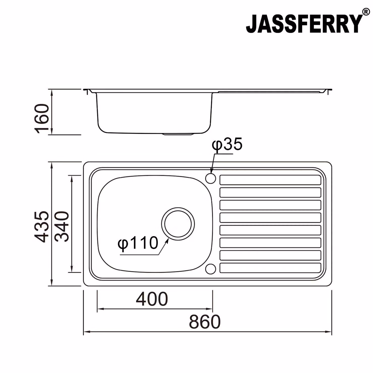 JASSFERRY Reversible Stainless Steel Kitchen Sink with Drainer in Silver, W/D/H: 86.0 x 43.5 x 16.0 cm – 2