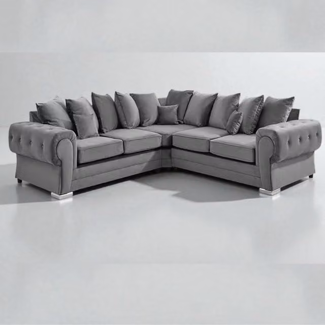 Snug Furniture Birmingham Ltd Verona Grey Plush Velvet 2C2 Right-Facing Corner Sofa with Scatter Cushions