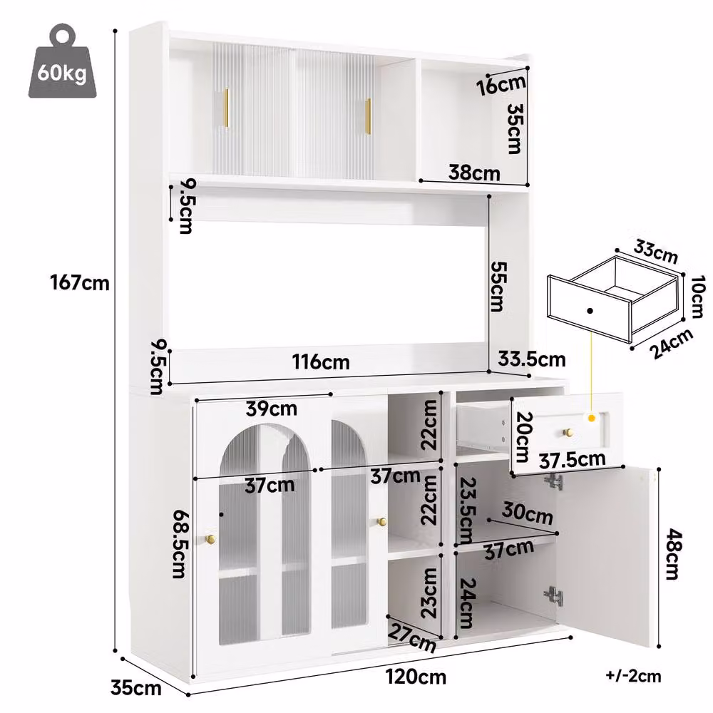 ModernLuxe Tall Kitchen Pantry Unit with Glass Doors, Internal Drawers and LED Lighting, White – 2