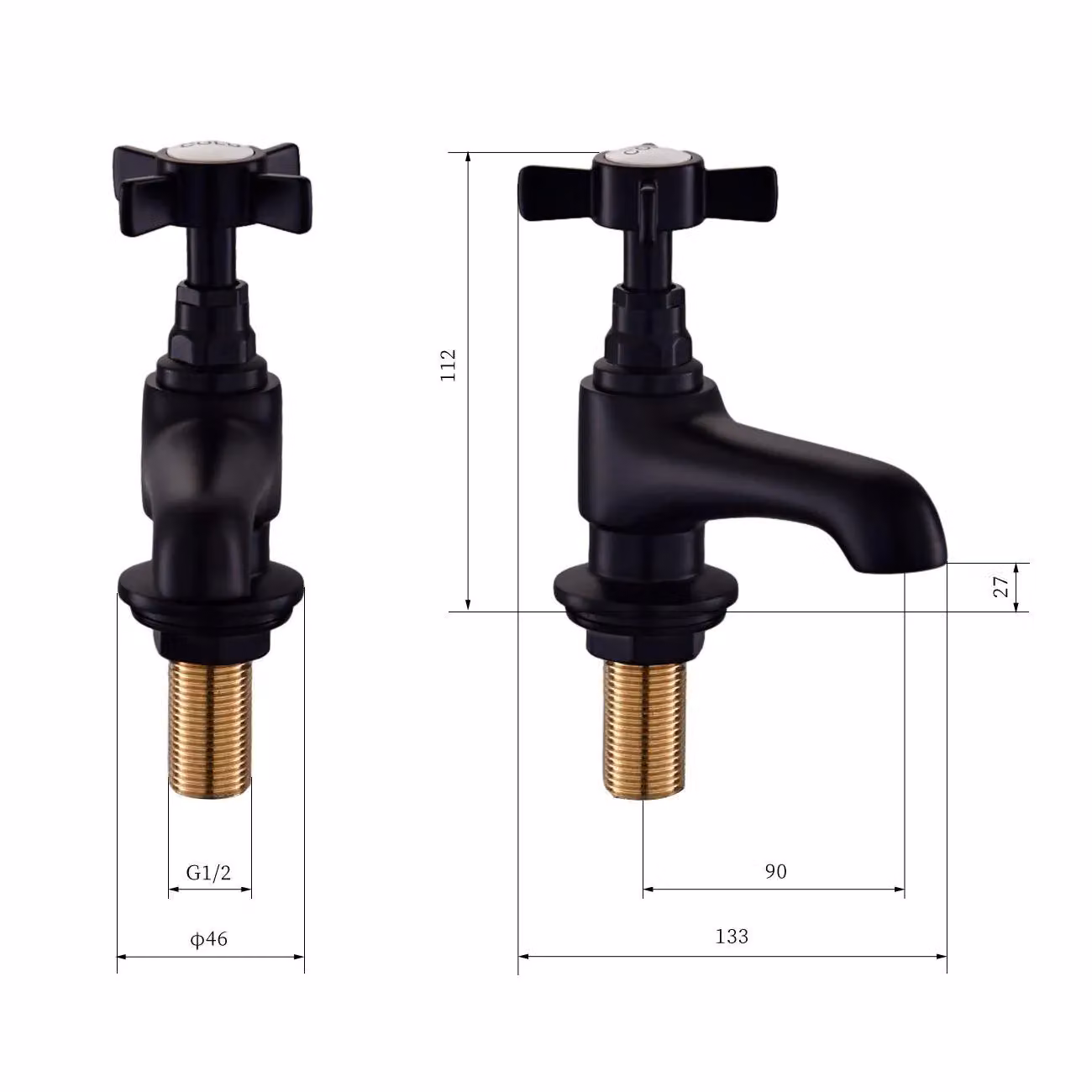 BATHWEST Pair of Matte Black Brass Basin Pillar Taps with Cross Head Handles – 6