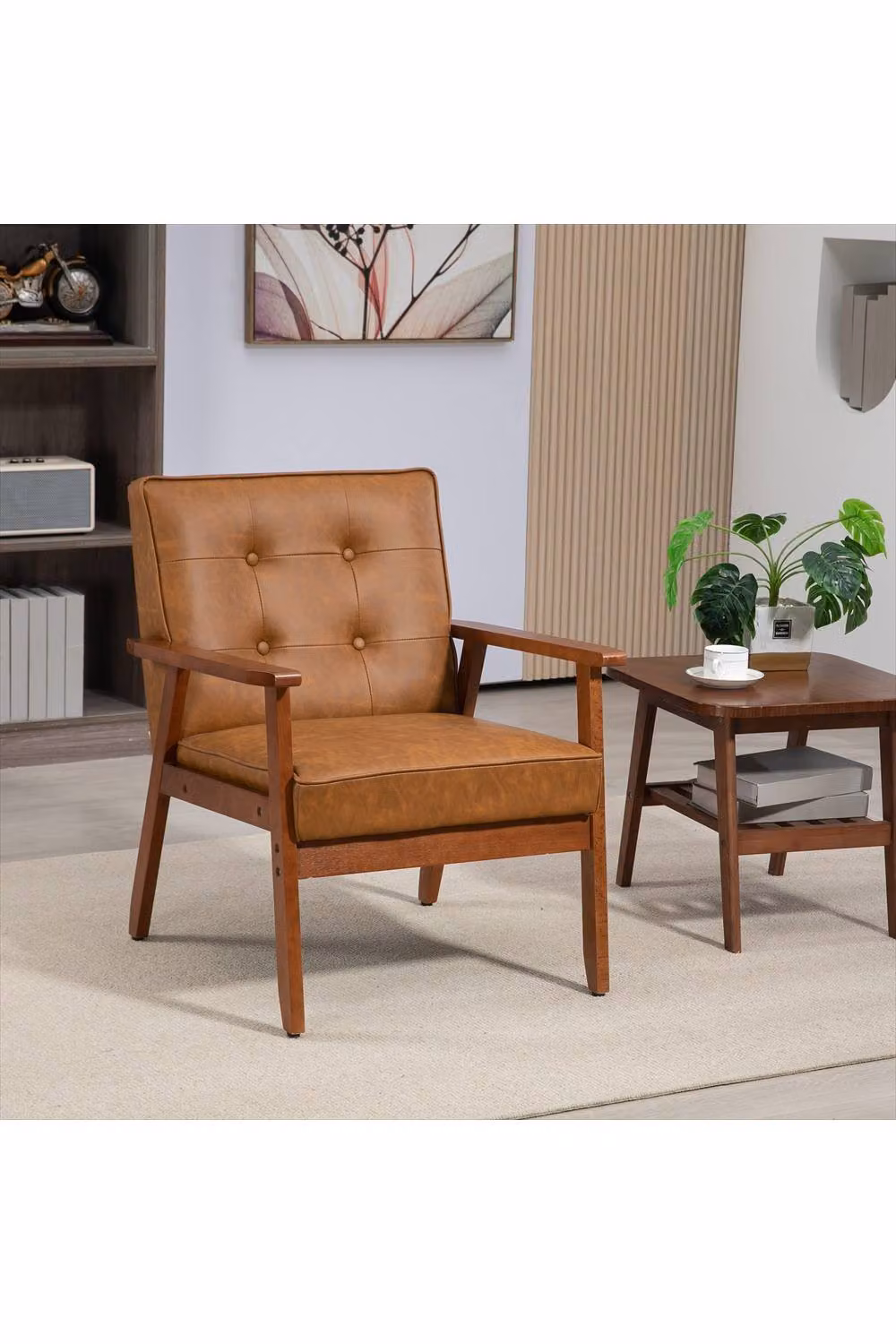 ERGOVEXA Retro-Style Brown Synthetic Leather Tub Accent Chair with Armrests and Solid Wood Frame – 2