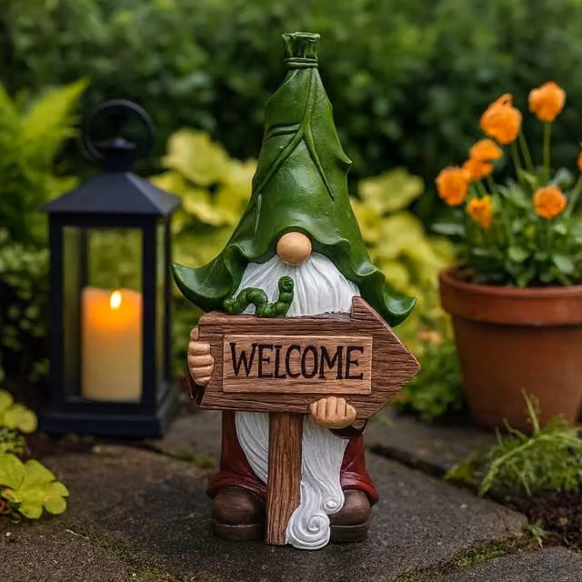 Voltico Welcome Gnome Garden Ornament Decorative Statue, Green, Height: 31 cm – 1