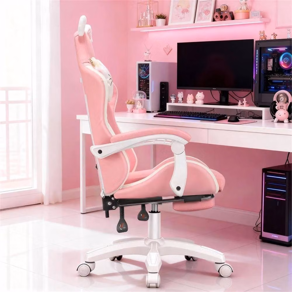 NESTLUNE Pink Gaming Chair with Cat Ears and Headrest, Synthetic Leather, W/D/H: 100 x 100 x 78 cm – 2