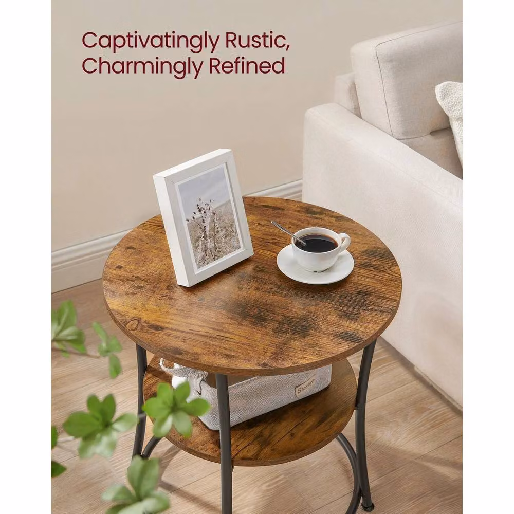 FORGEVIO Brown Rustic Round Side Table with 2 Tiers, W/D/H: 55 x 55 x 55 cm – 3
