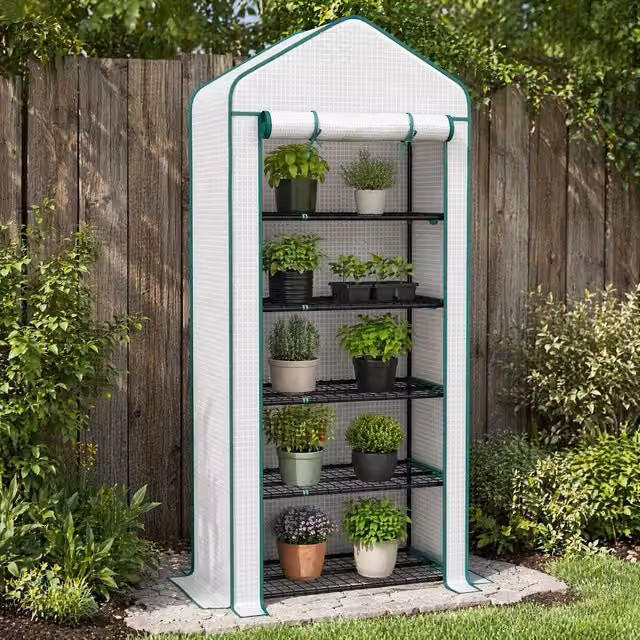 STILVORA 5 Tier Mini Greenhouse with Roll-Up Door in White, H: 193 cm, W: 90 cm, D: 49 cm