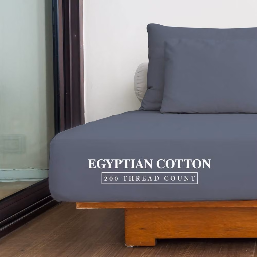 Homes-Linen 100% Egyptian Cotton 200TC Fitted Sheet, Grey, Single, Depth: 30 cm, W/D/H: 90 x 200 cm – 2