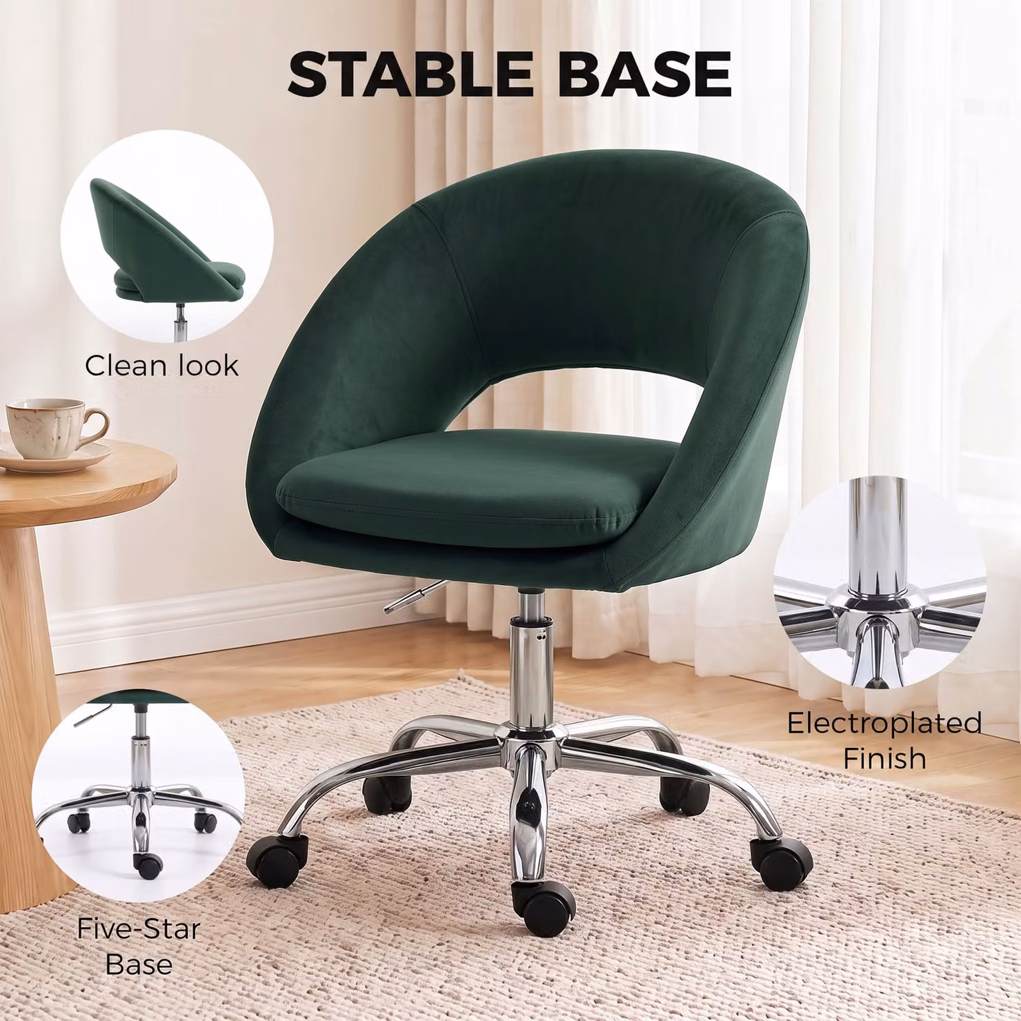HOMCOM Modern Velvet Task Chair in Green with Height-Adjustable Swivel and Castors – 6