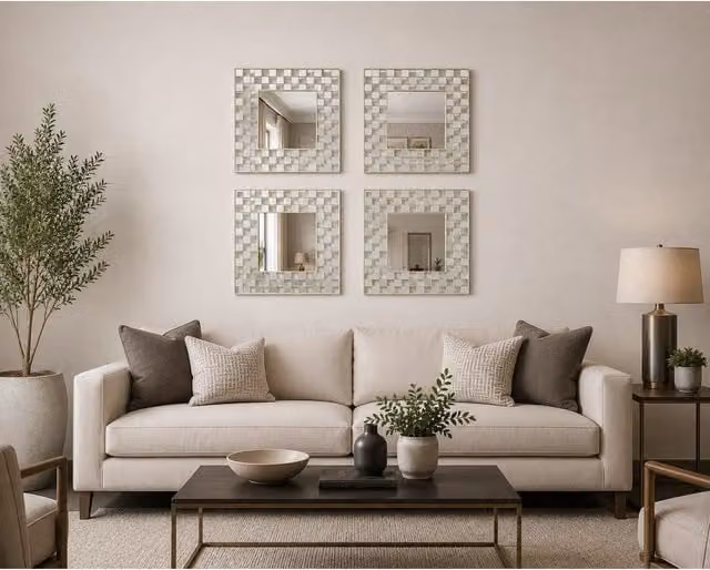 DEENZ Set of 8 White Square Art Deco Wall Tile Mirrors, Diameter: 40 cm
