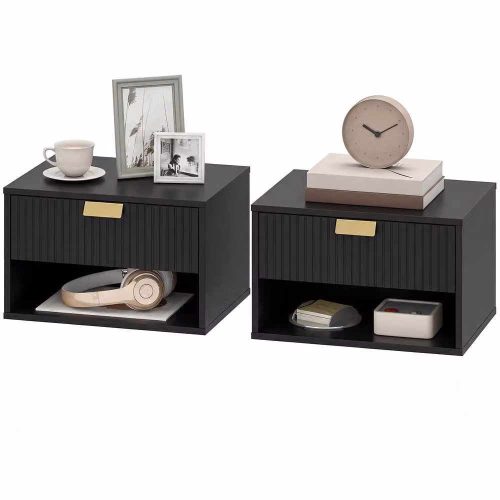 STILVORA Wall Mounted Nightstand Set with Fluted Drawer in Black – 4
