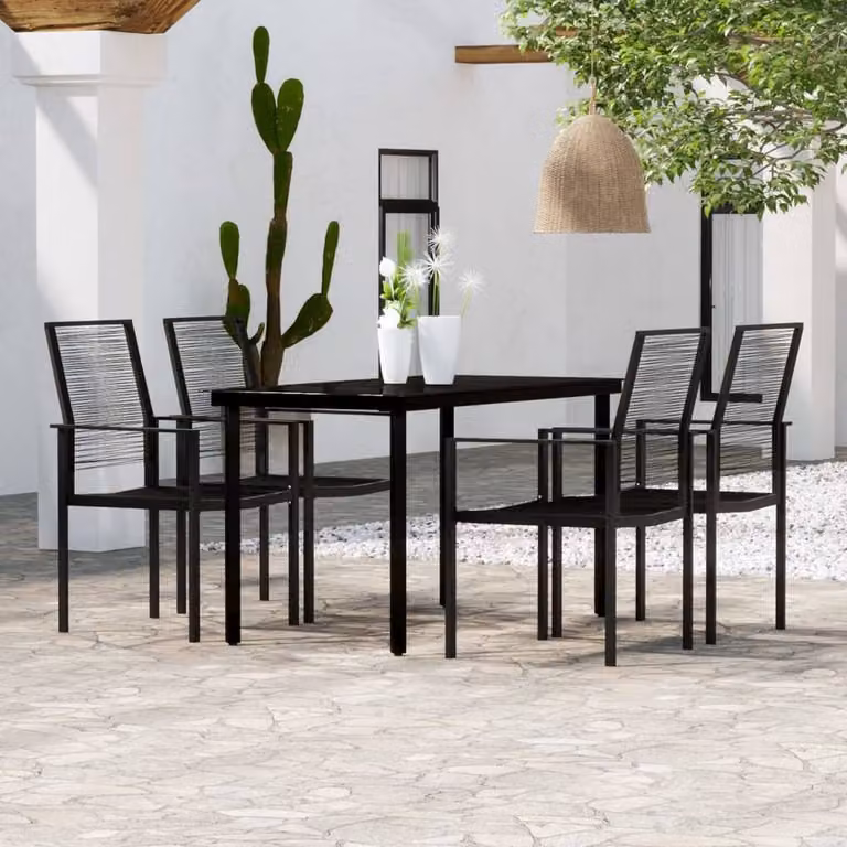 Berkfield Home 5 Piece Black Garden Dining Set with Metal, Glass and Rattan
