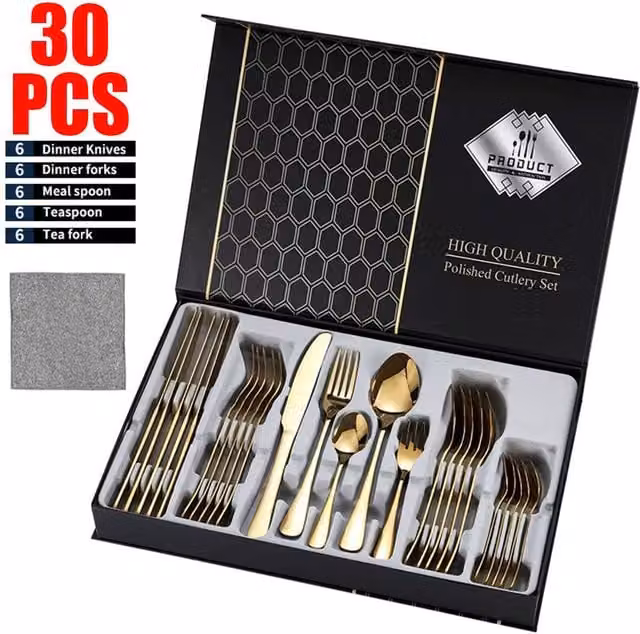VOGREX 30 Piece Gold Coated Stainless Steel Cutlery Set Including Forks and Teaspoons – 1