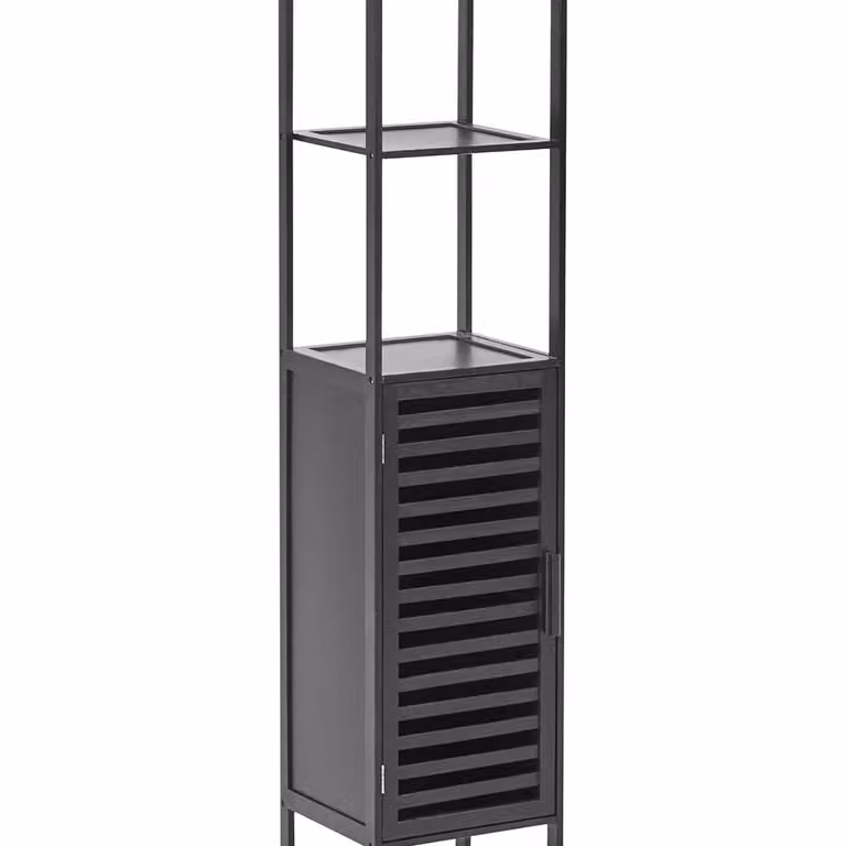 Wyld and Coco Black Bamboo Bathroom Shelving Unit with 2 Open Shelves and 1 Closed Compartment, Width: 32 cm