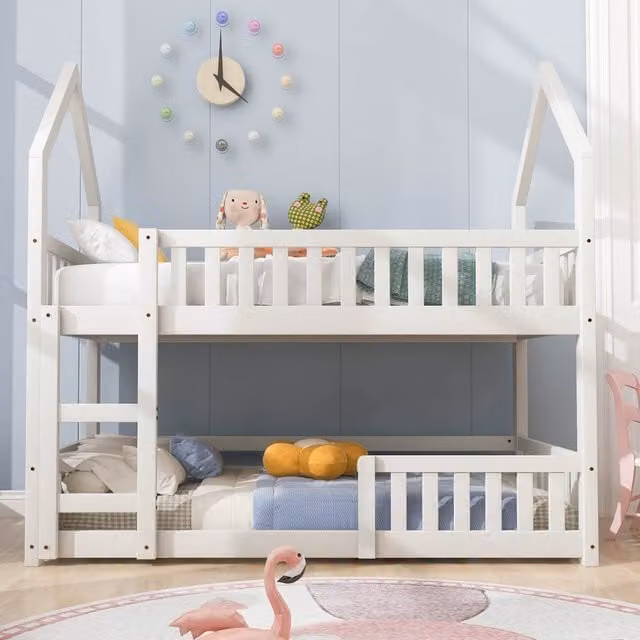 Aosom UK Castle-Shaped Bunk Bed for Children with Ladder and Full-length Guardrail, White Solid Wood and MDF Frame, H x W x D: 192 x 98 x 195 cm
