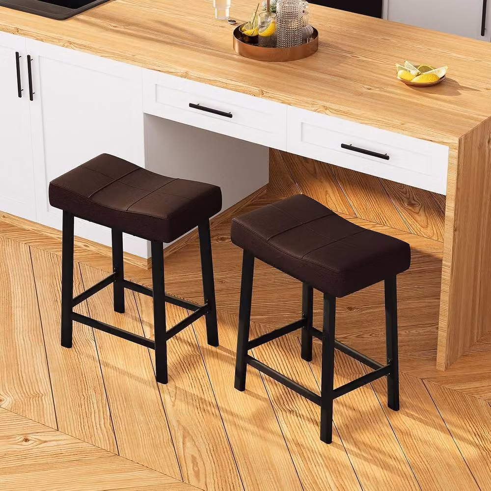 London Boutique Set of 2 Brown Padded Synthetic Leather Kitchen Bar Stools with Metal Footrests, Counter Height: 60.96 cm – 8