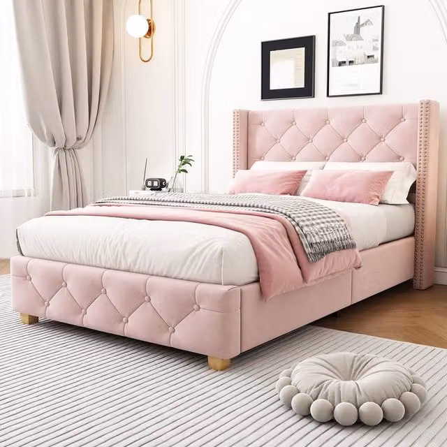 Matteo Pink Velvet Upholstered Single Bed Frame W/D/H: 190 x 90 x 108 cm