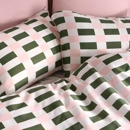 OHS King Size Checkerboard Microfibre Duvet Cover and Pillowcase Set in Green and Pink, W/D/H: 220 x 220 x 180 cm – 3