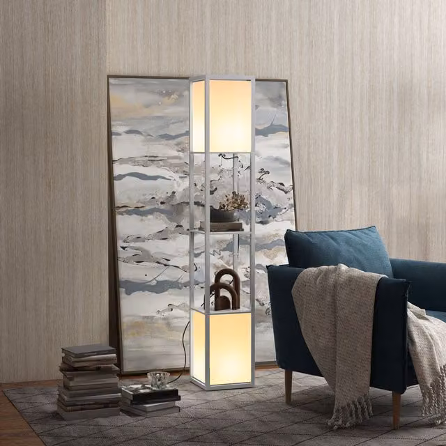 HOMCOM 3-Tier Floor Lamp with Shelves and Dual Light in Grey