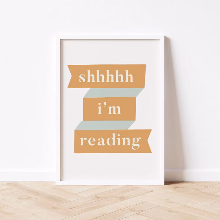 Autumns Corner Shhhh Im Reading Typography Wall Print, Mustard and Pink, A4