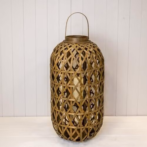 Gift Company Large Oval Brown Rattan Decorative Lantern with Glass Insert, Height: 65 cm