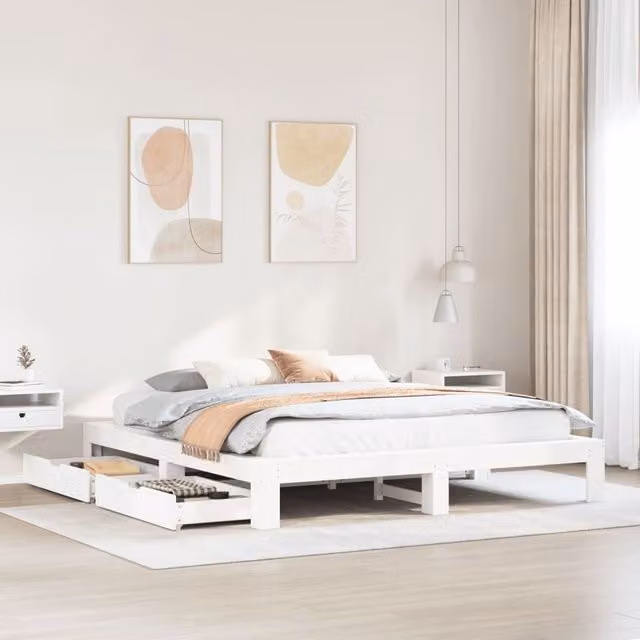 Berkfield Home Super King Solid Wood Pine Bed Frame with Drawers, White, W/D/H: 180 x 200 cm