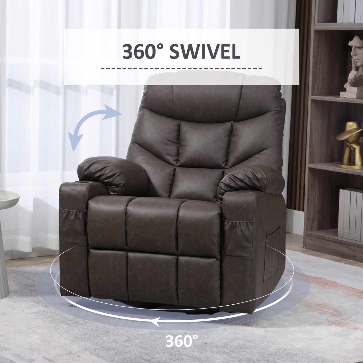 HOMCOM Brown Faux Leather Single Reclining Armchair with Cup Holders and Footrest, H 102 x W 86 x D 93 cm – 4