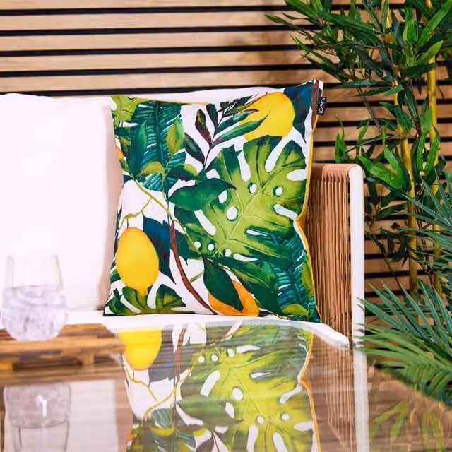 icon Eucalyptus Print Outdoor Cushion in Yellow with Olive Green Back, W/D/H: 43 x 43 x 43 cm