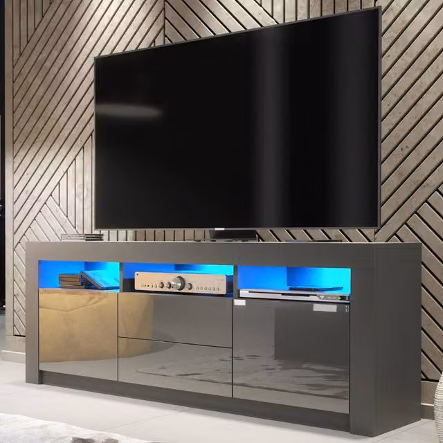 Mex Furniture LTD Shine TV Unit in Dark Grey with Glossy Doors and LED Lights, W: 160 cm, H: 60 cm, D: 35 cm – 1