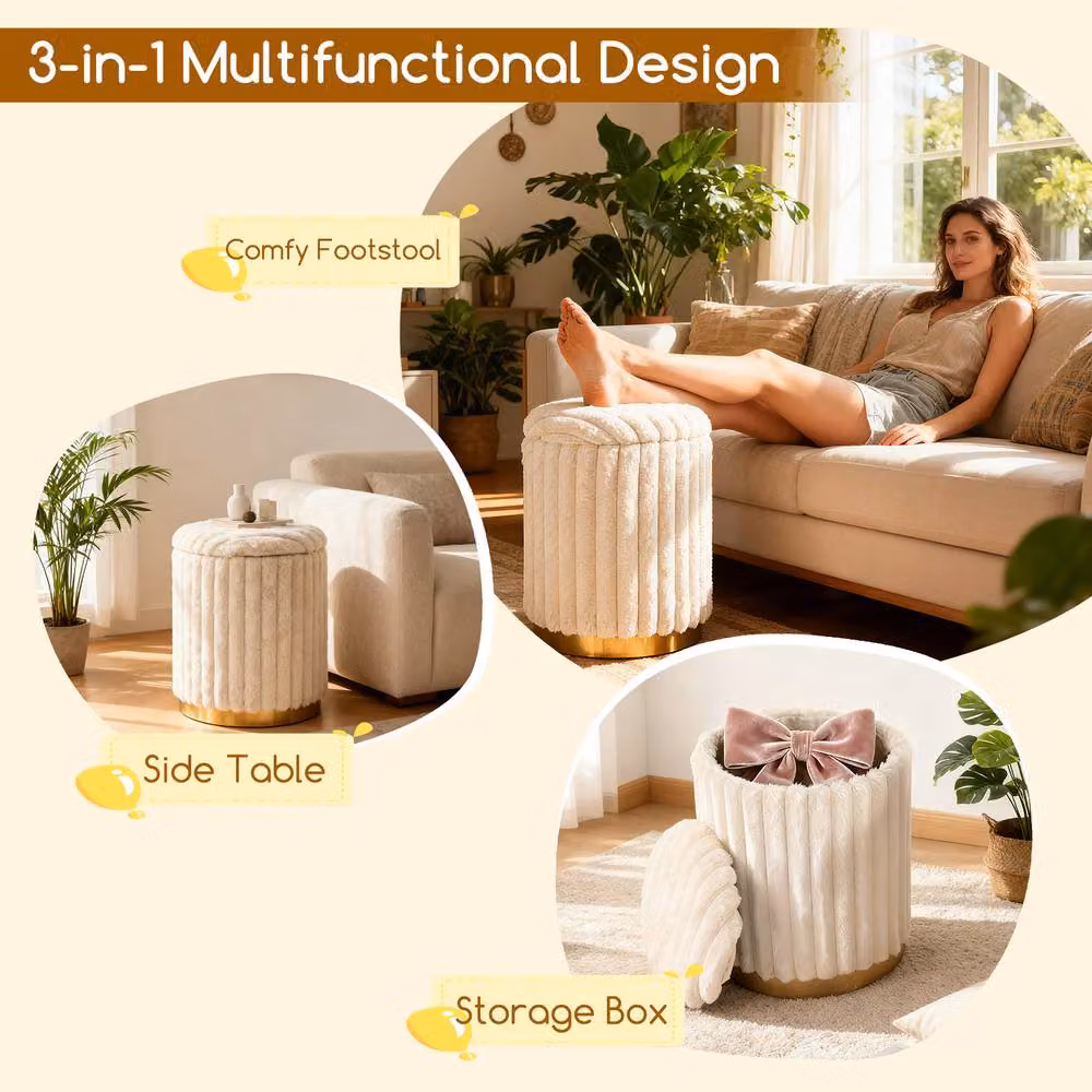 Costway Modern Set of 2 Cylindrical Fabric Ottomans with Detachable Lids in Cream White – 4