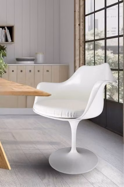 Fusion Living White Tulip Swivel Armchair with Synthetic Leather Cushion