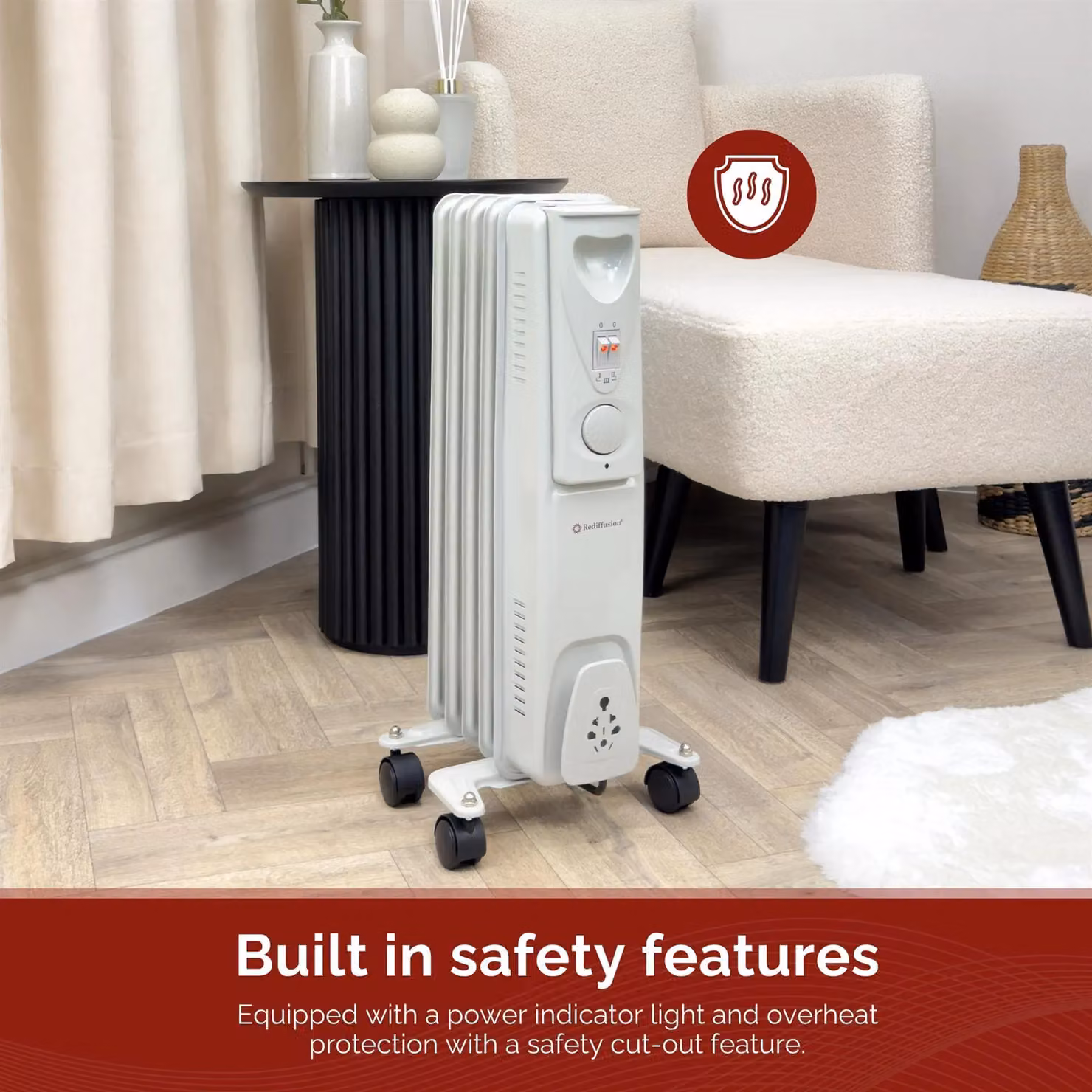 Rediffusion 1500W Oil Filled Radiator in White with Adjustable Thermostat and Overheat Protection, W/D/H: 54.5 x 33 x 24 cm – 3