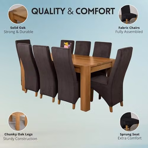 Thats Furniture Kuba Oak Dining Table and 8 Lola Black Fabric Chairs Set, W: 180 cm, D: 90 cm, H: 78 cm – 2