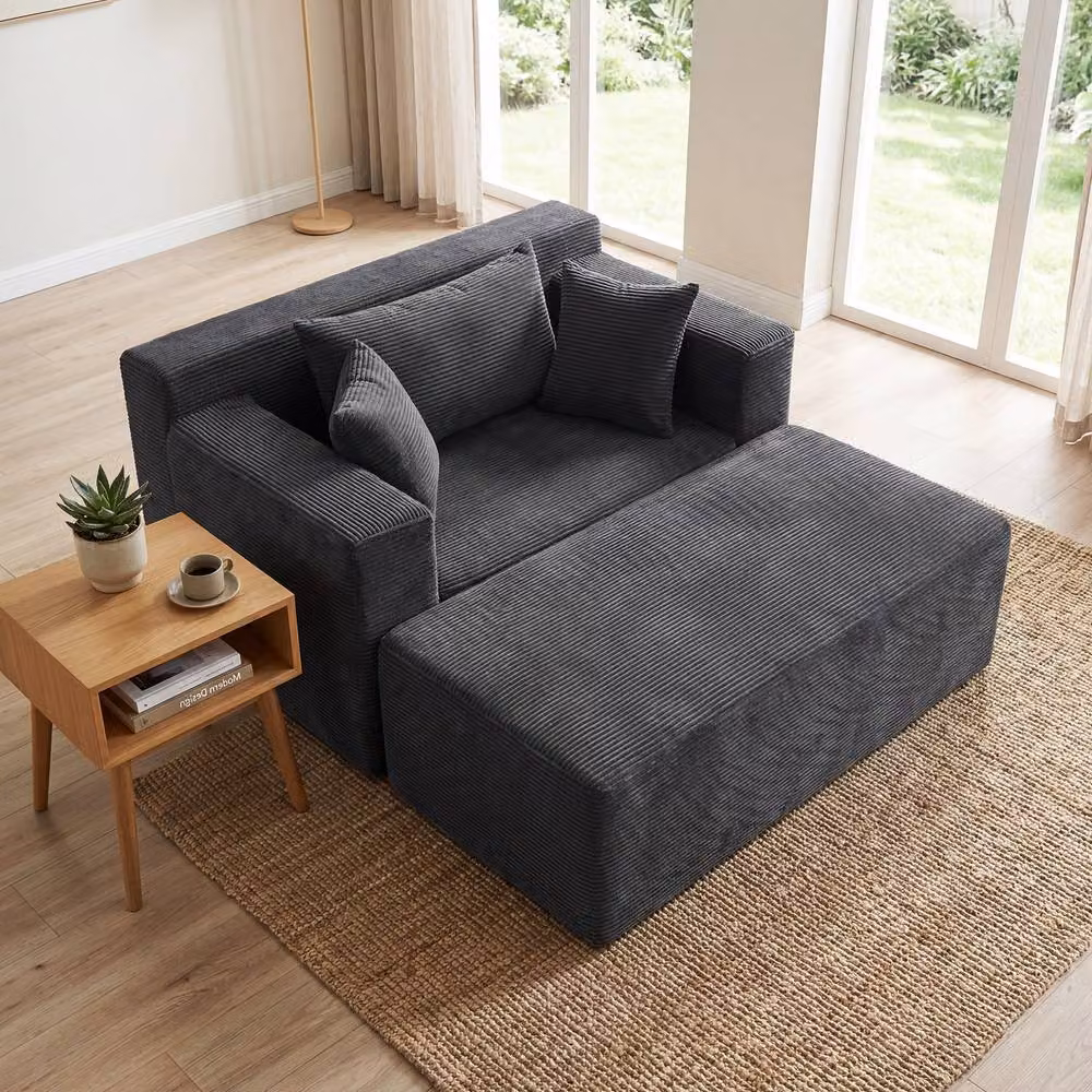 Gymax Grey Boneless Floor Lounge Chair Single Foam Sofa with Ottoman and Pillows – 5