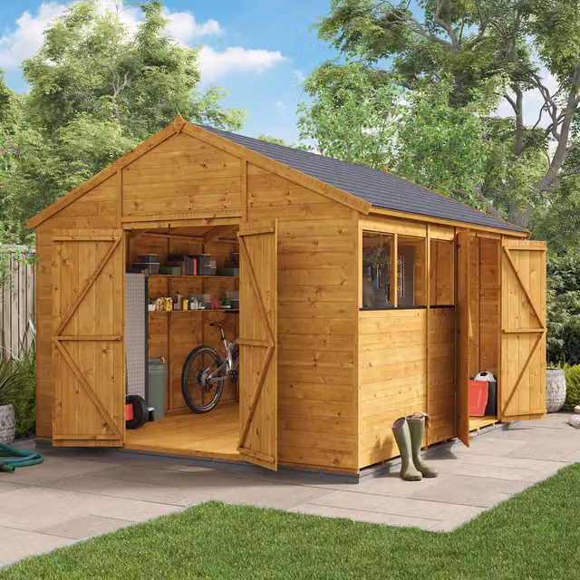 BillyOh Rustic Brown Wooden Apex Workshop with Dual Entrance, Windows and Floor