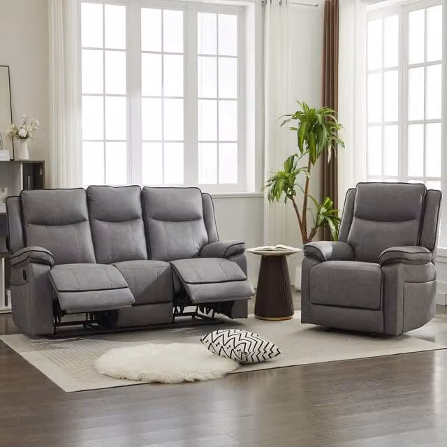 Furniture One Modern Grey Fabric 4-Piece Manual Reclining Sofa Suite with 2-Seater, 3-Seater and Armchair, Width: 196 cm