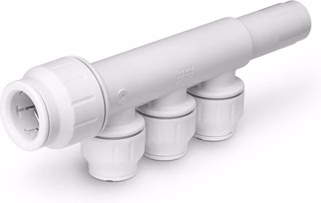 John Guest 3 Port Manifold with Threaded Stem, 22mm x 15mm, White